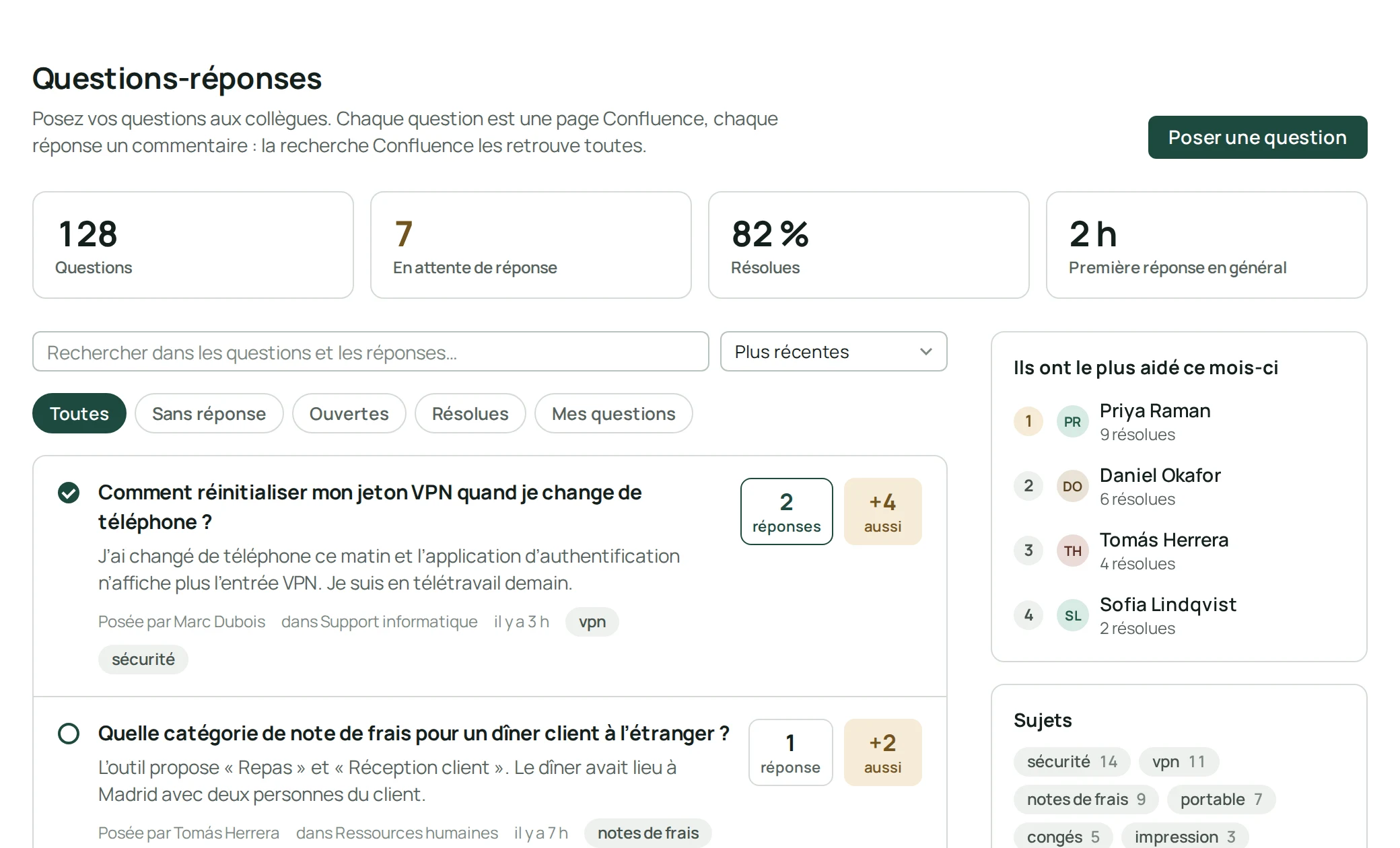 Accueil de Clearlane Answers avec les questions, le taux de résolution, les personnes qui aident le plus et les sujets
