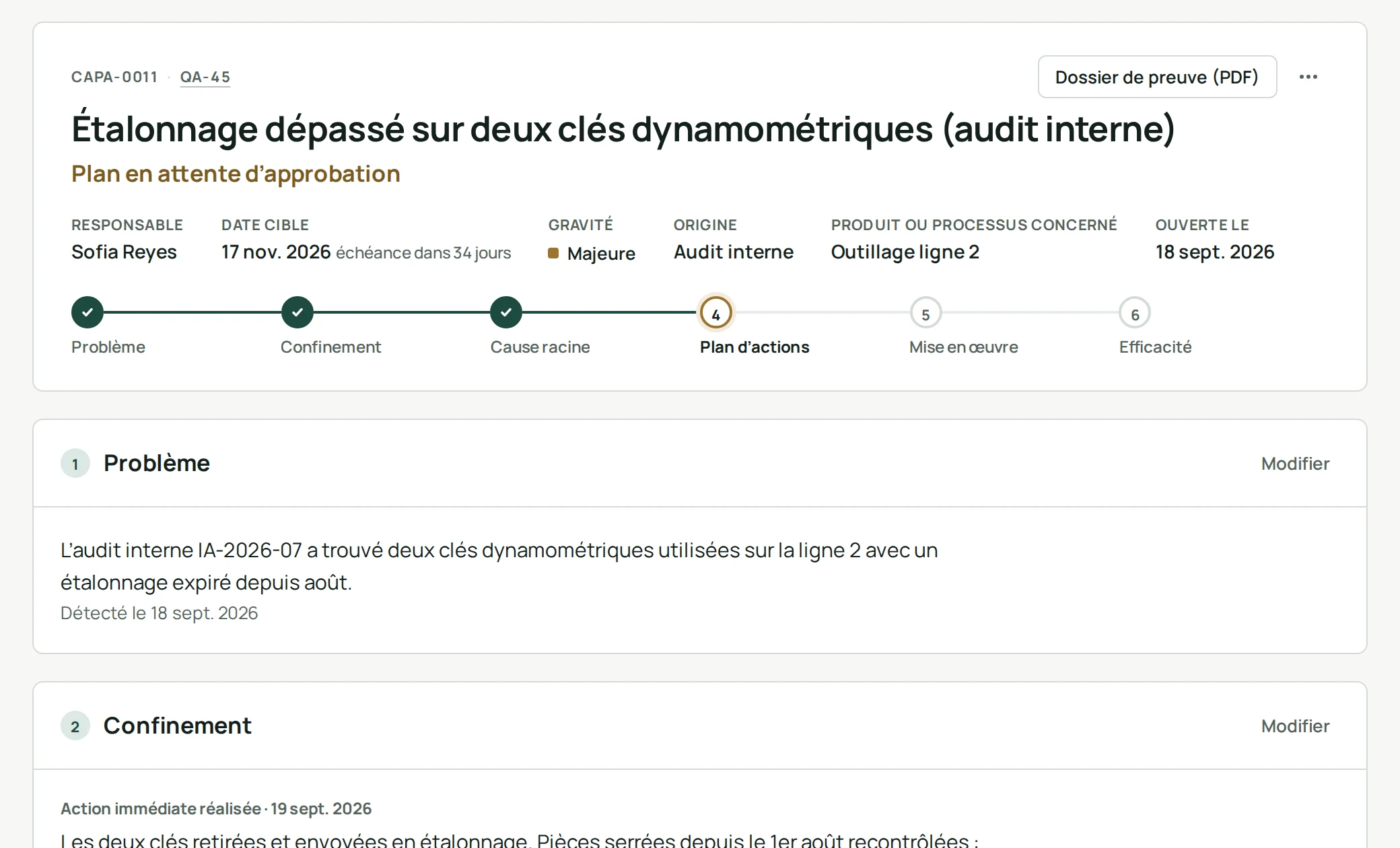 Une CAPA Clearlane : plan en attente d’approbation, avec ses étapes, son responsable, sa date cible et le plan d’actions