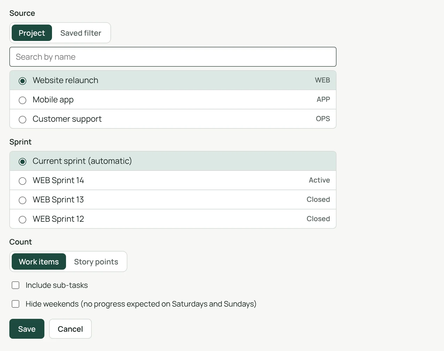 The settings: source, sprint, count, sub-tasks and weekends