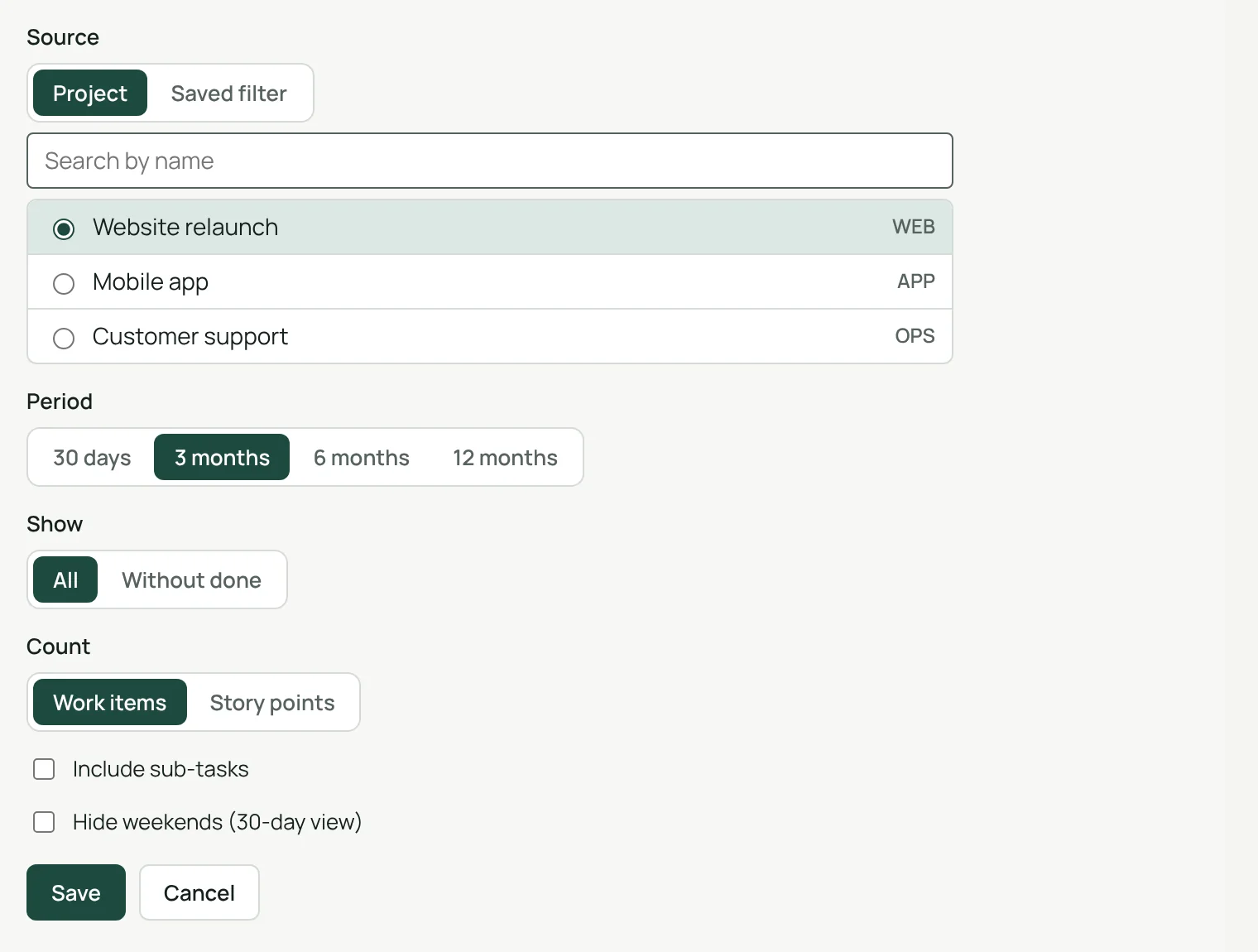 The settings: source, period, display, count, sub-tasks and weekends