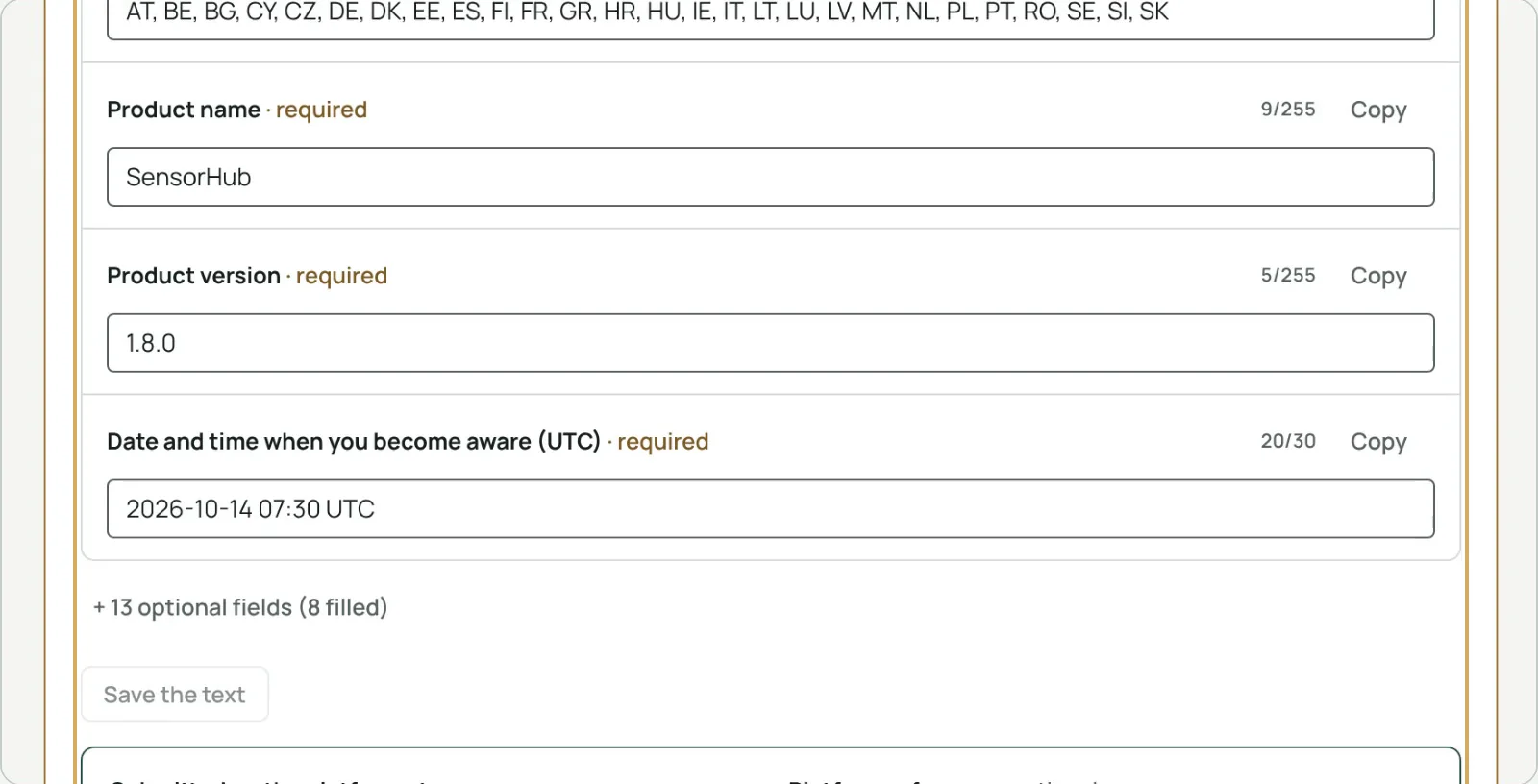 ENISA report fields prepared with their labels and limits