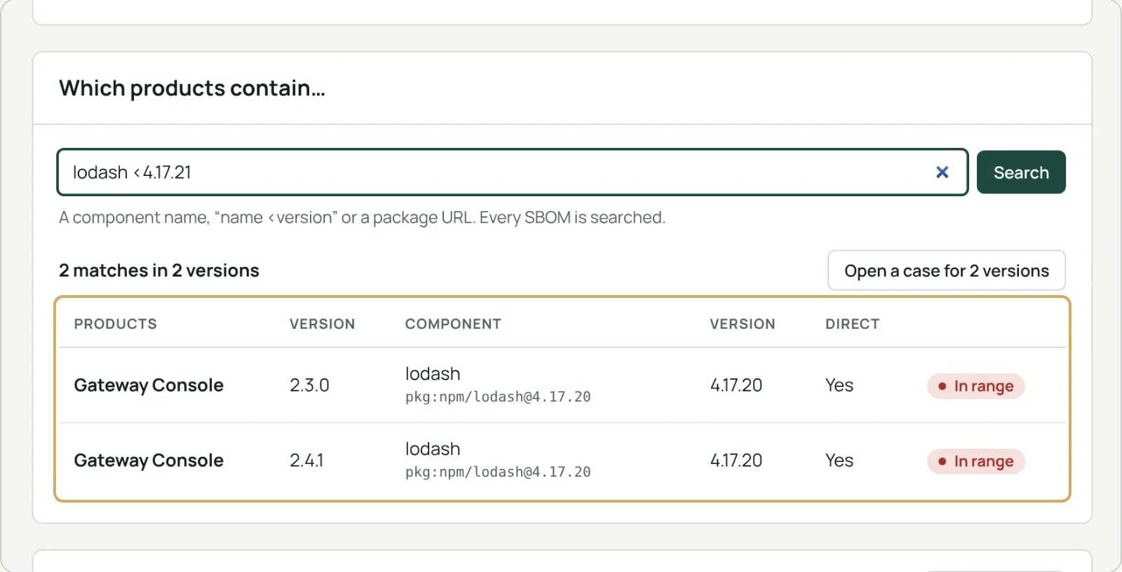Component search across every SBOM