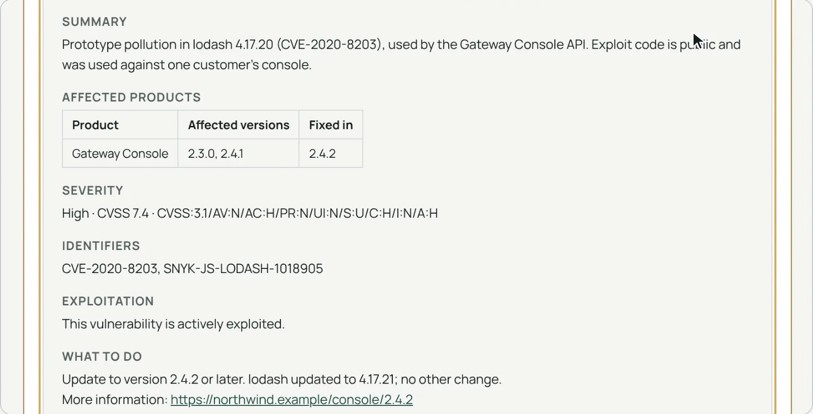 A security advisory generated from the case