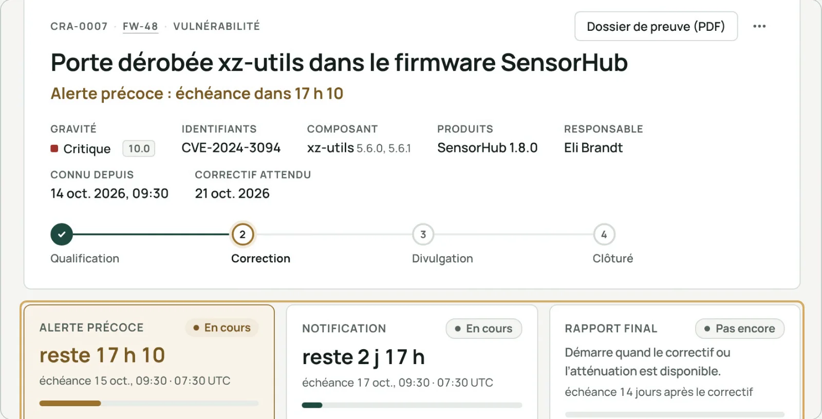 Horloges de l’alerte précoce, de la notification et du rapport final