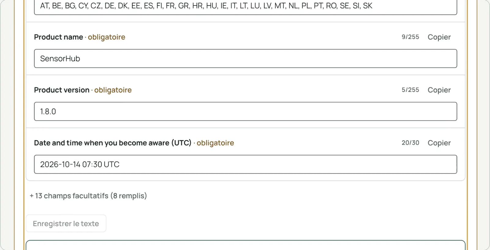 Champs du signalement ENISA préparés avec leurs libellés et limites