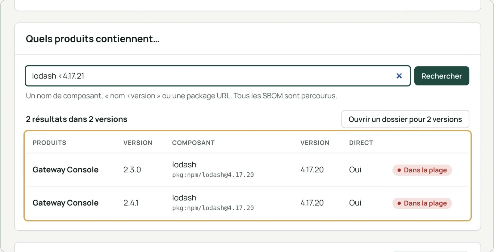 Recherche d’un composant dans tous les SBOM