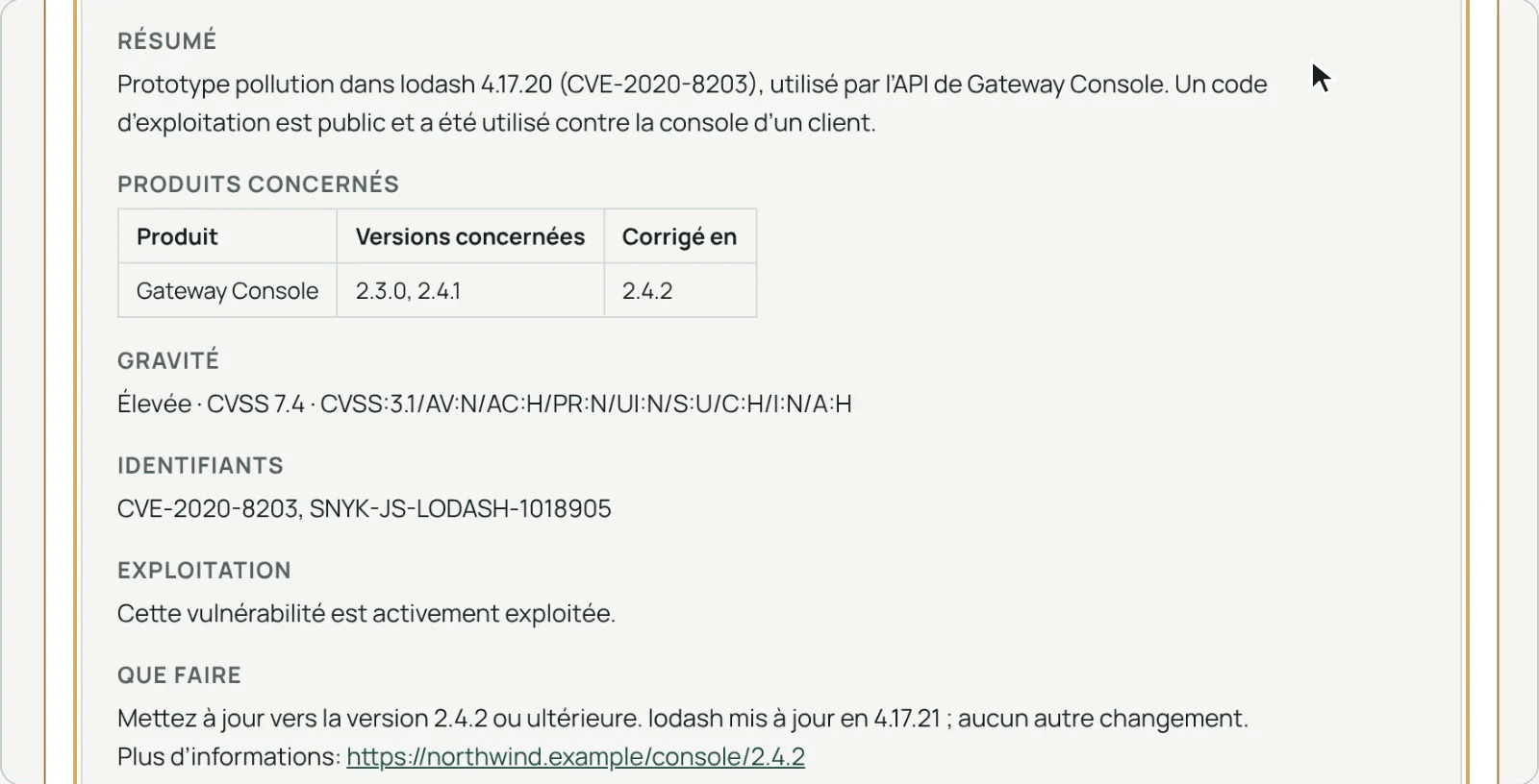 Un avis de sécurité produit à partir du dossier