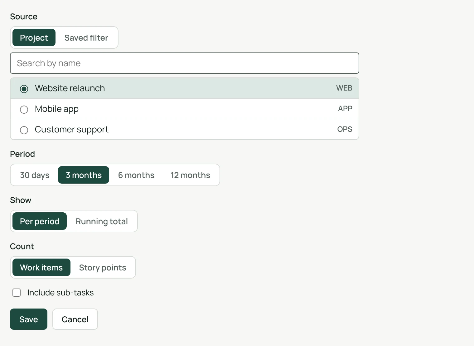 The settings: source, period, display, count and sub-tasks