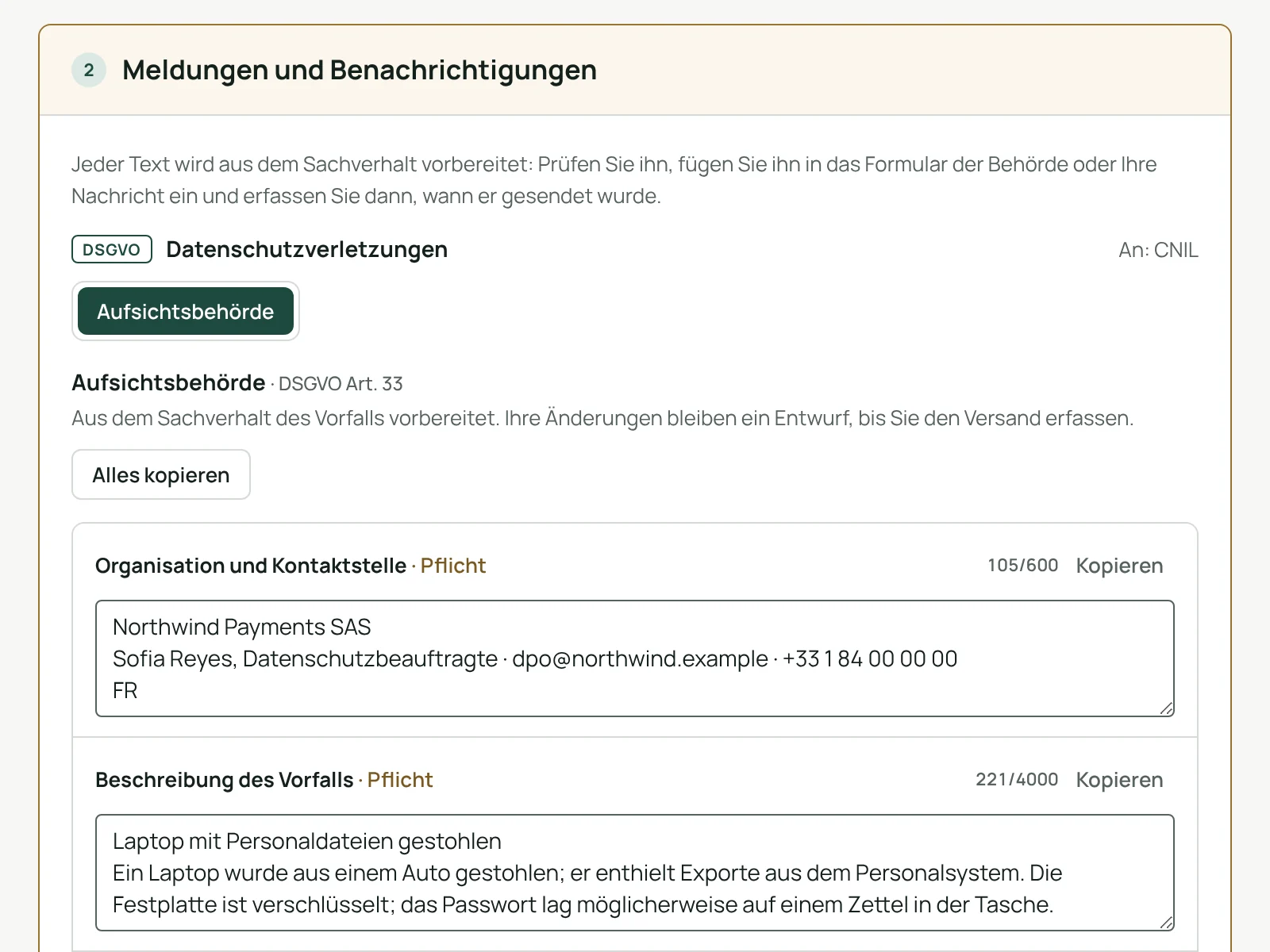 Eine DSGVO-Meldung an die Aufsichtsbehörde, Feld für Feld vorbereitet, mit Kopierschaltflächen