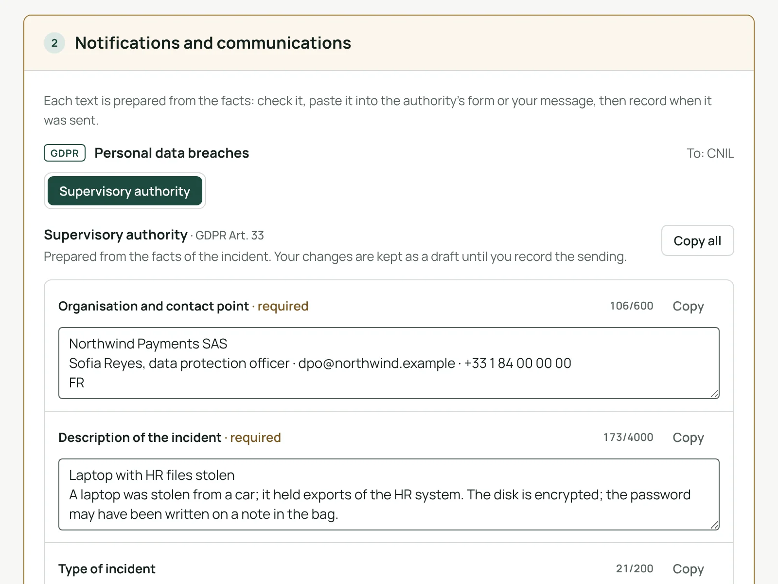 A GDPR notification to the supervisory authority prepared field by field, with copy buttons