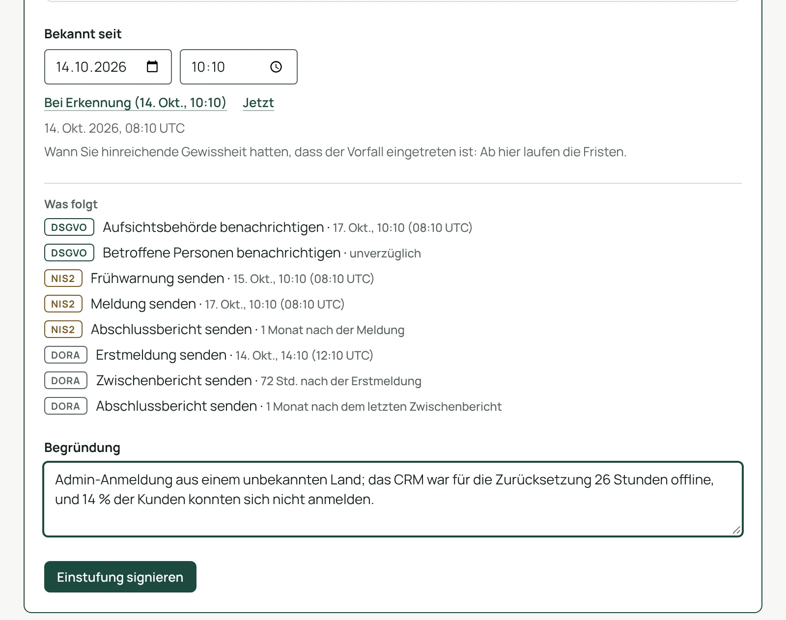 Eine Einstufung bereit zur Signatur, mit jeder daraus folgenden Frist nach DSGVO, NIS2 und DORA