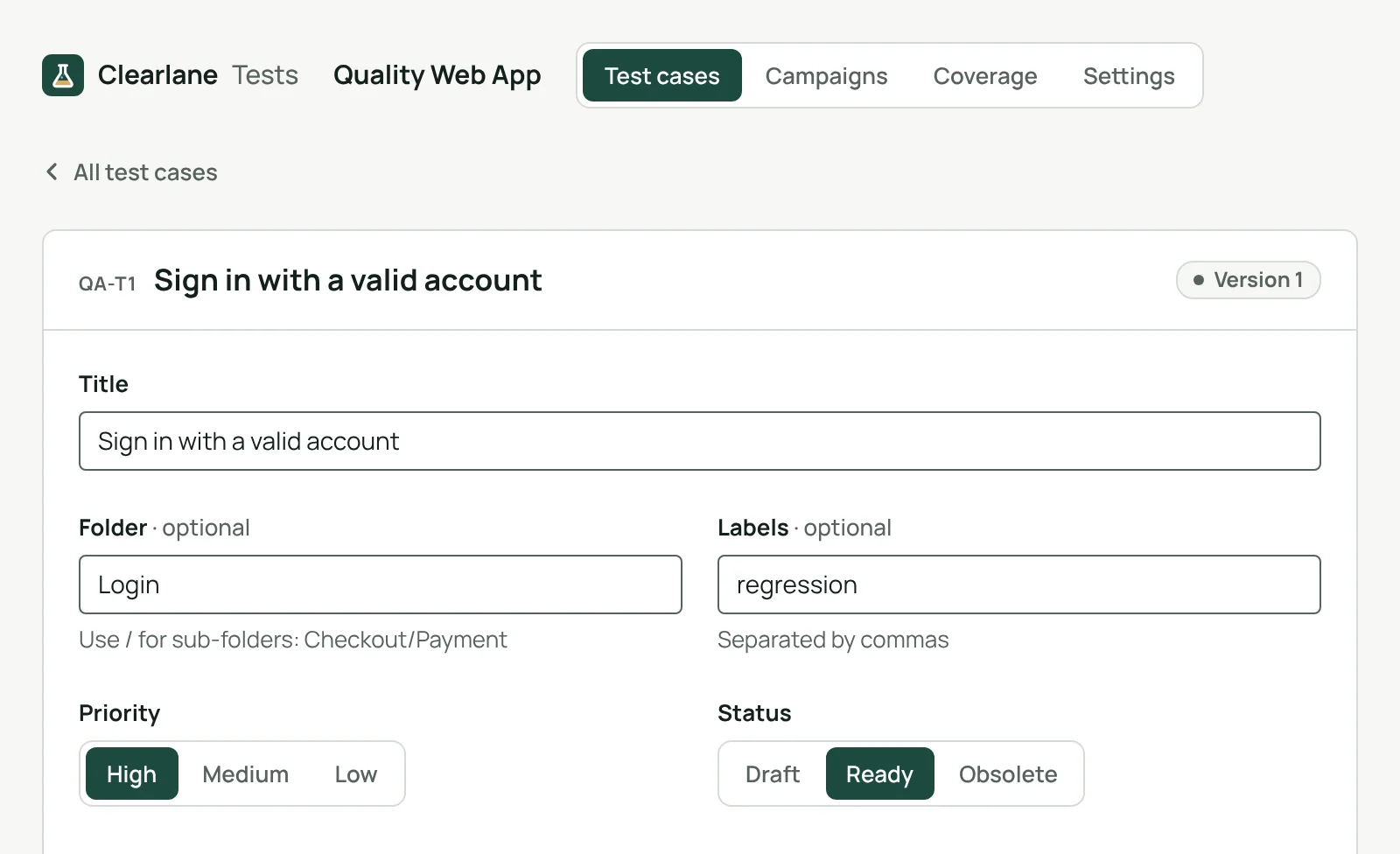 A test case with its title, folder, labels, priority and status