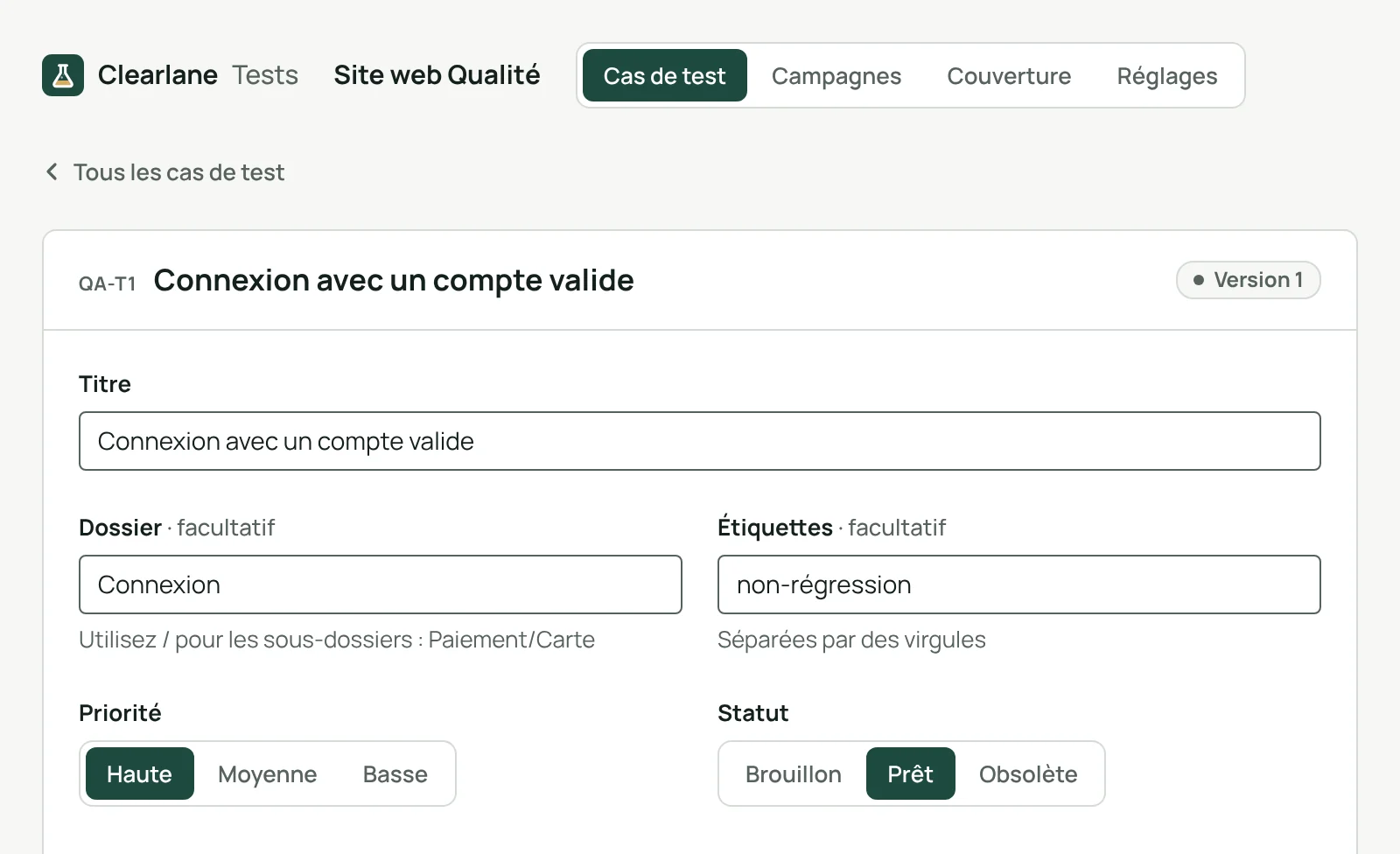 Un cas de test avec son titre, son dossier, ses étiquettes, sa priorité et son statut