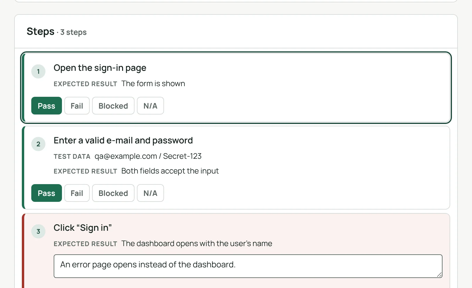 Running a test case step by step: two steps passed, the third failed with a comment