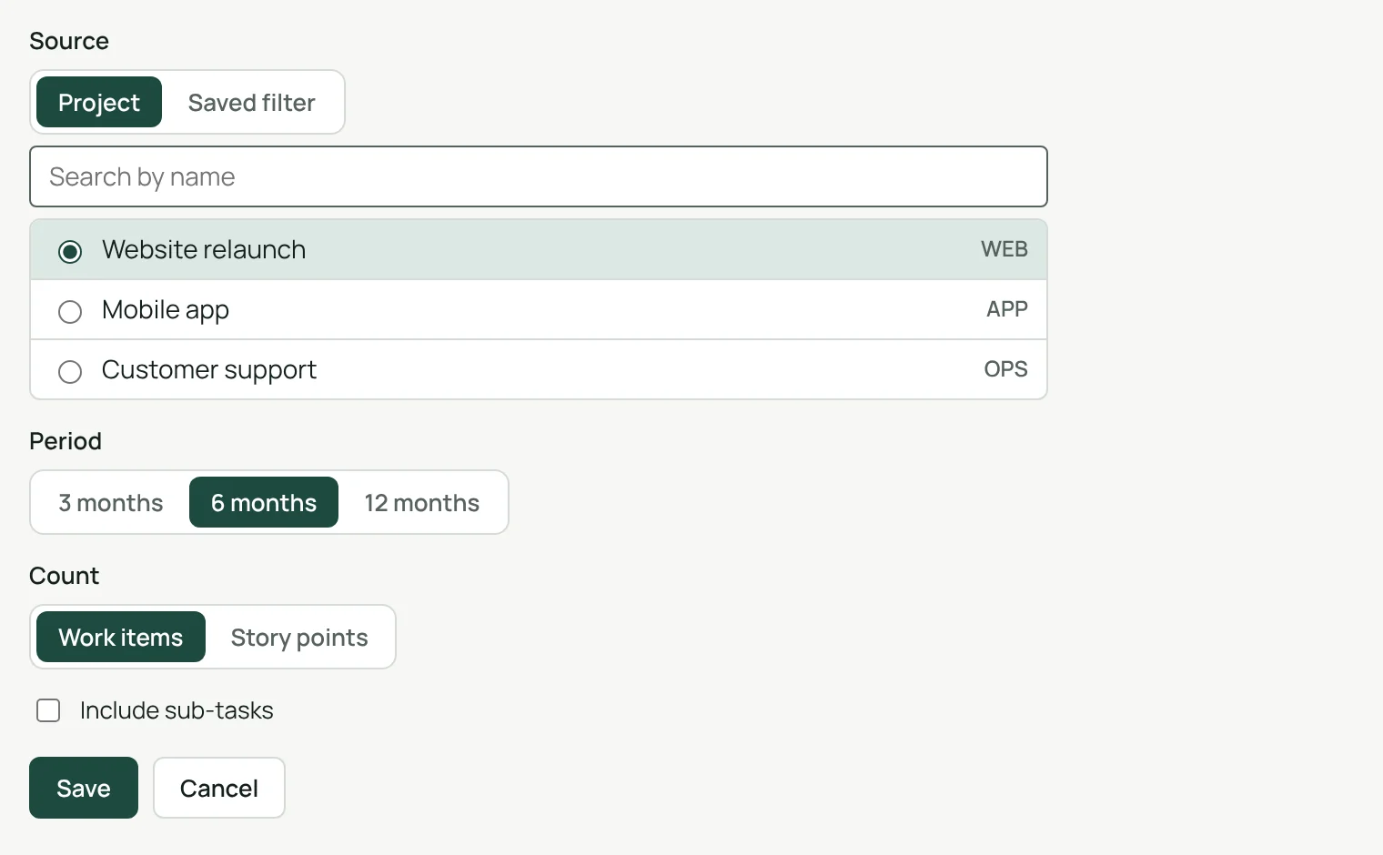 The settings: source, period, count and sub-tasks